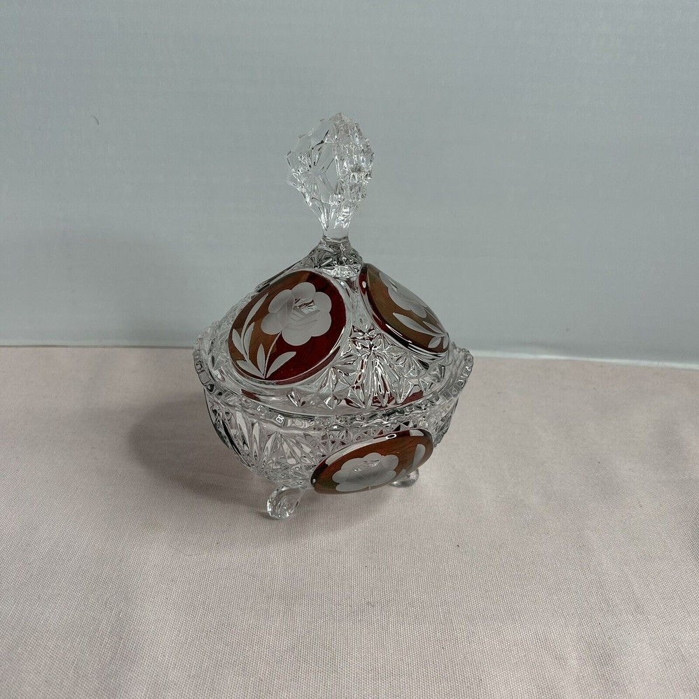 Vintage Ruby Red Cranberry Lead Crystal Frosted Floral Cut Footed Candy Dish 7.5